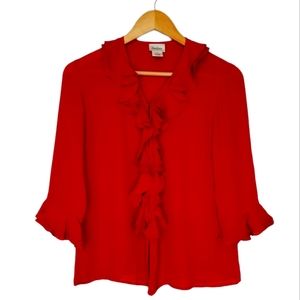 Neiman Marcus ruffle red long sleeves silk top 4